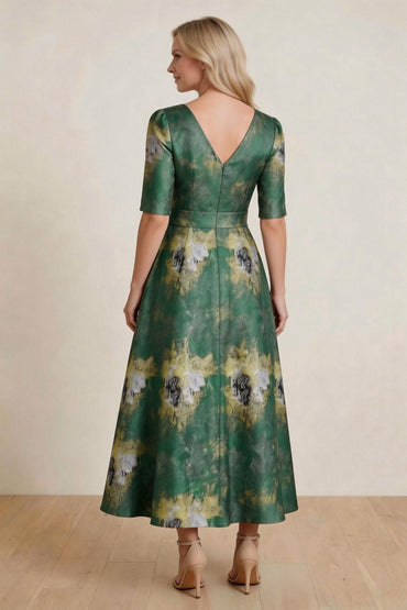A-Line Tea-Length Jacquard Mother of the Bride Dress CM0424 - Garden Green Floral - COCOMELODY