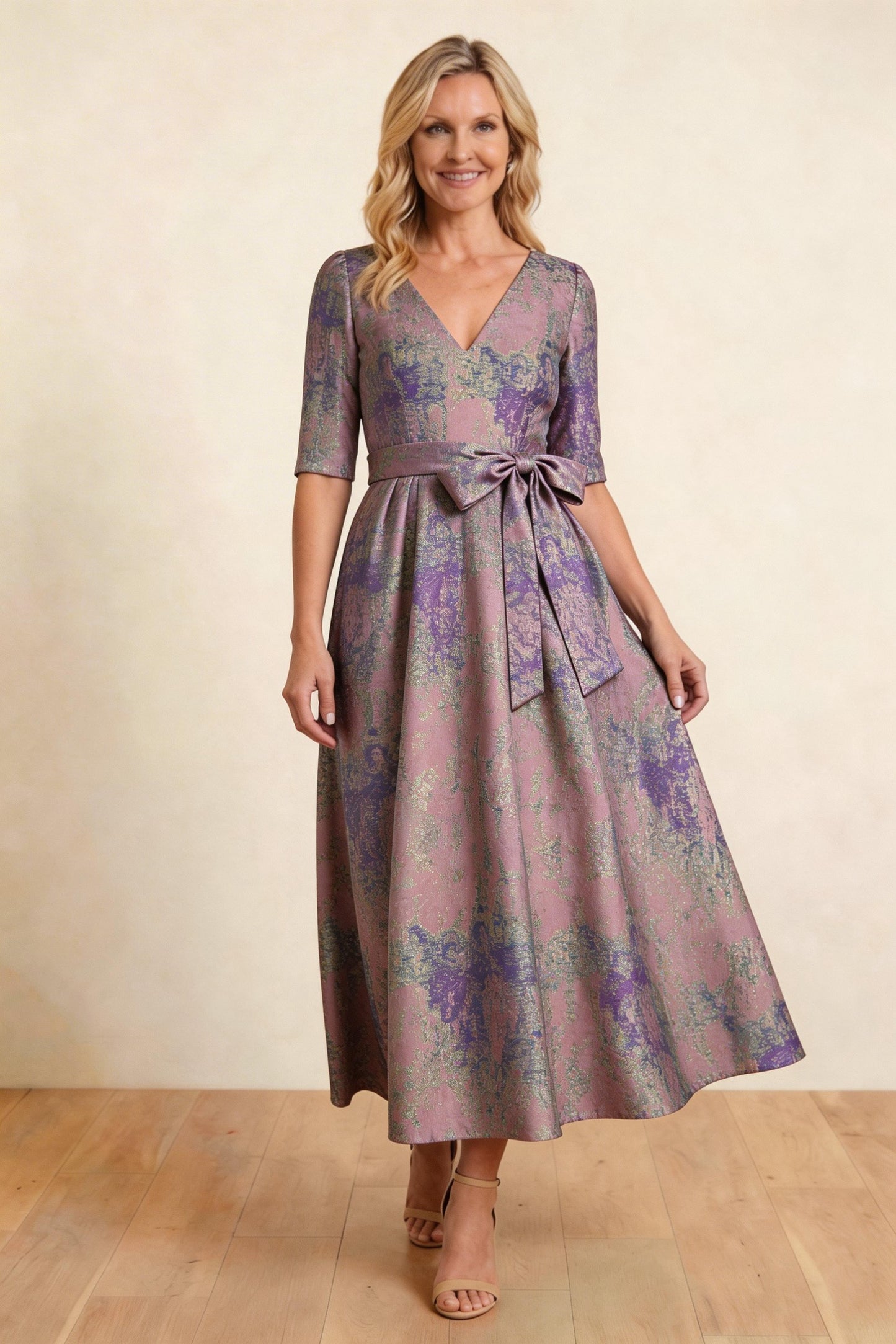 A-Line Tea-Length Jacquard Mother of the Bride Dress CM0424