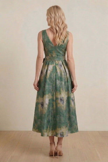 A-Line Tea-Length Jacquard Mother of the Bride Dress CM0425 - Garden Green Floral - COCOMELODY