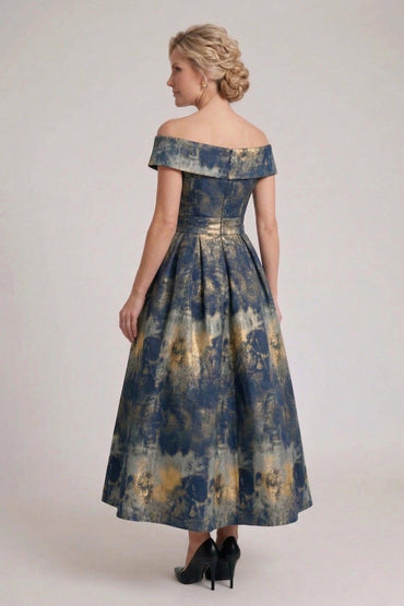 A-Line Tea-Length Jacquard Mother of the Bride Dress CM0427 - Dark Navy Floral - COCOMELODY