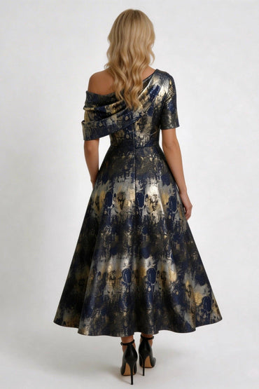 A-Line Tea-Length Jacquard Mother of the Bride Dress CM0428 - Dark Navy Floral - COCOMELODY
