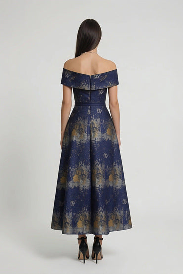 A-Line Tea-Length Jacquard Mother of the Bride Dress CM0429 - Dark Navy Floral - COCOMELODY