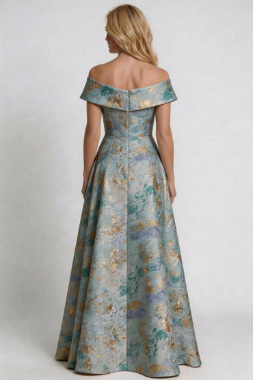 A-Line Floor Length Jacquard Mother of the Bride Dress CM0430 - Light Blue Floral - COCOMELODY