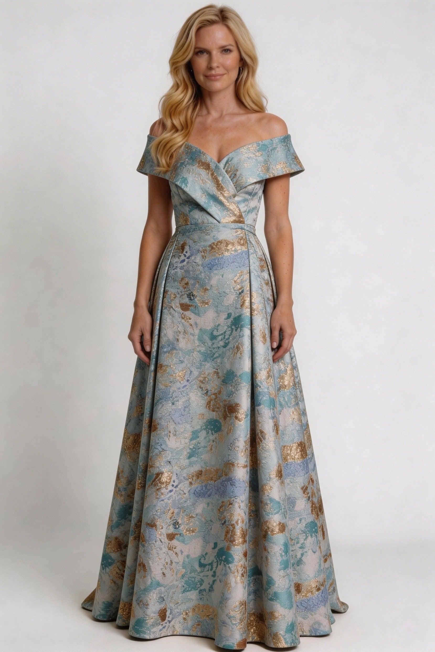 A-Line Floor Length Jacquard Mother of the Bride Dress CM0430 - Light Blue Floral - COCOMELODY