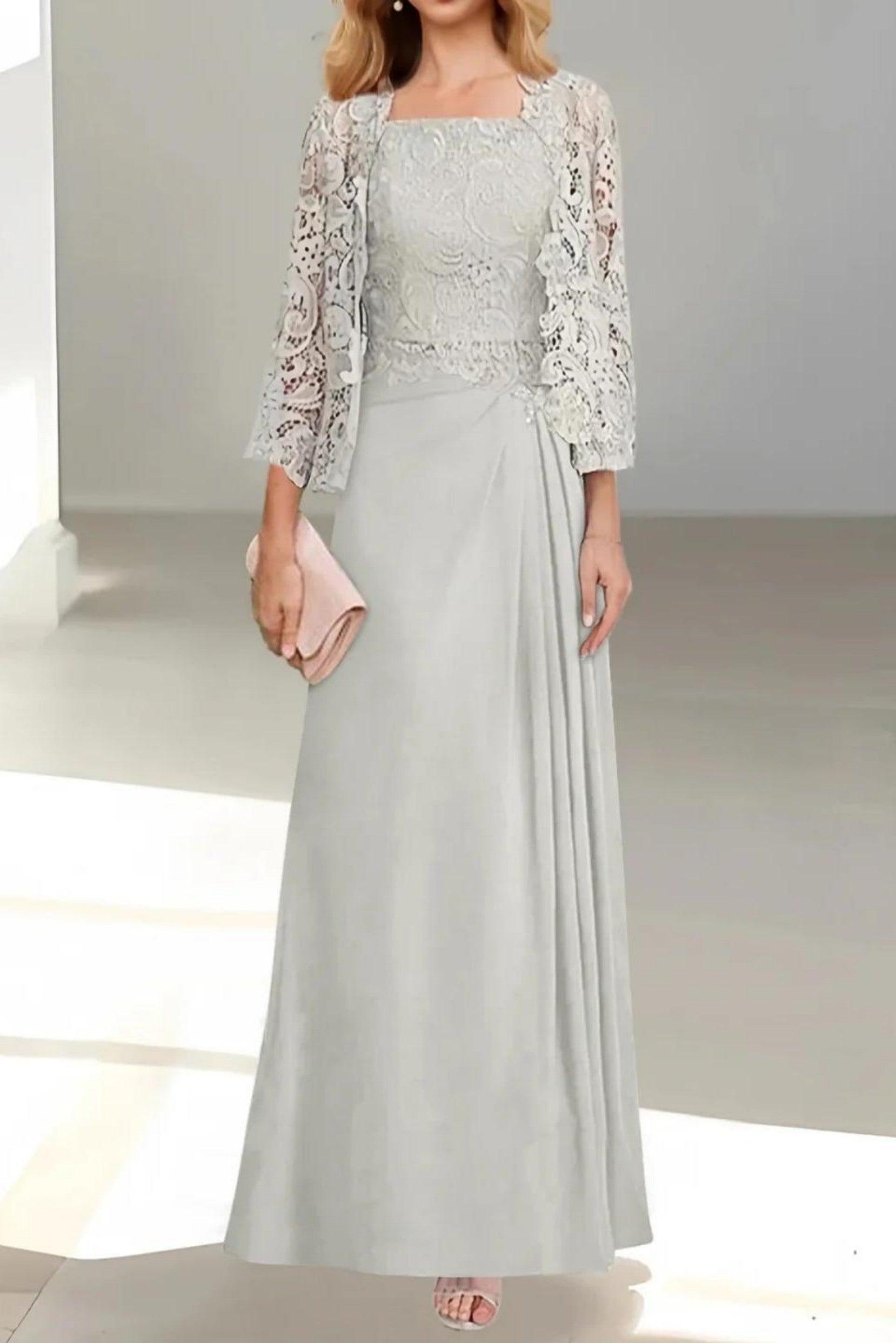 A-Line Floor Length Chiffon Mother of the Bride Dress CM0432 - Light Gray - COCOMELODY