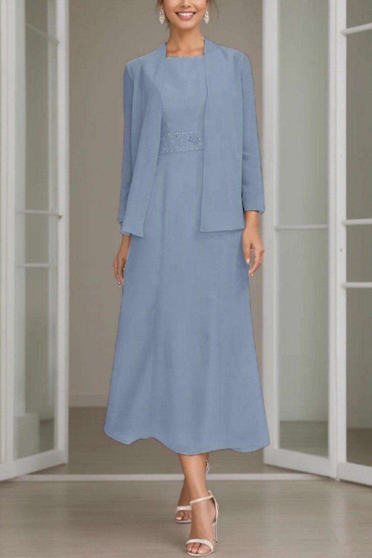 A-Line Tea Length Chiffon Mother of the Bride Dress CM0433 - Dusty Blue - COCOMELODY