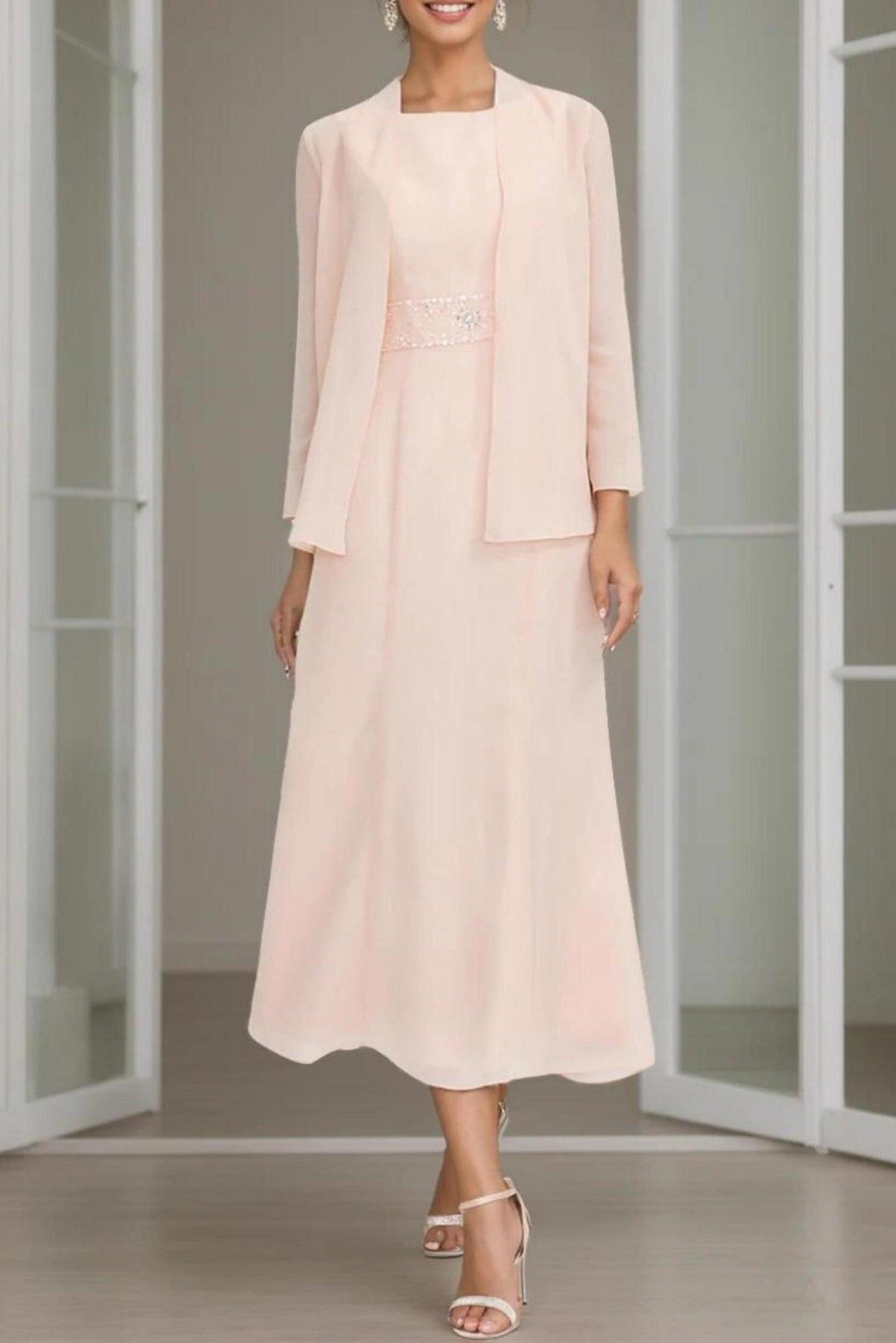 A-Line Tea Length Chiffon Mother of the Bride Dress CM0433 - Soft Blush - COCOMELODY