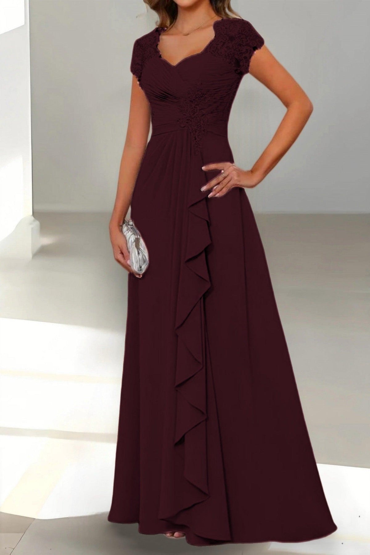 A-Line Floor Length Chiffon Mother of the Bride Dress CM0434 - Mulberry - COCOMELODY