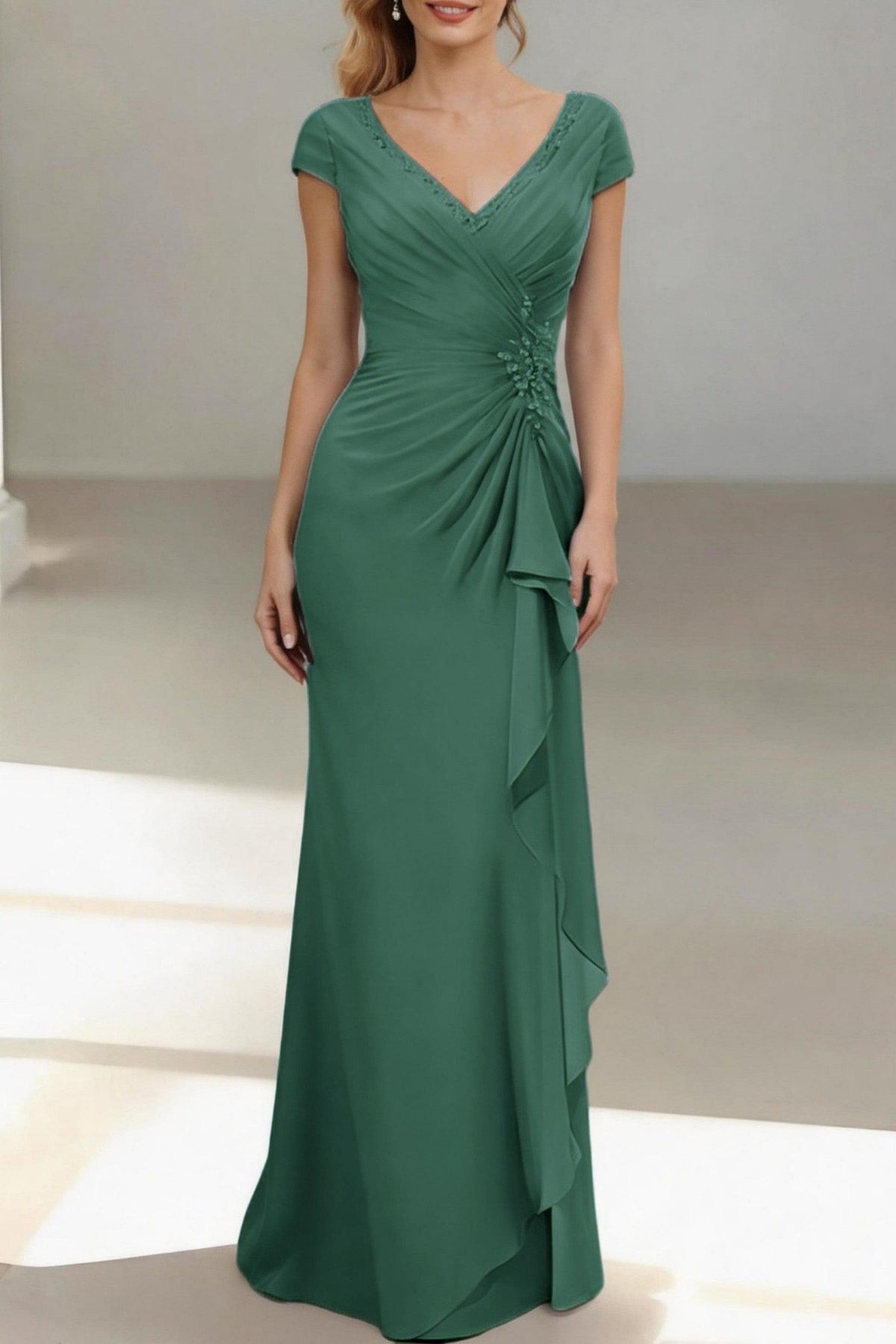 Sheath-Column Floor Length Chiffon Mother of the Bride Dress CM0436 - Hunter Green - COCOMELODY