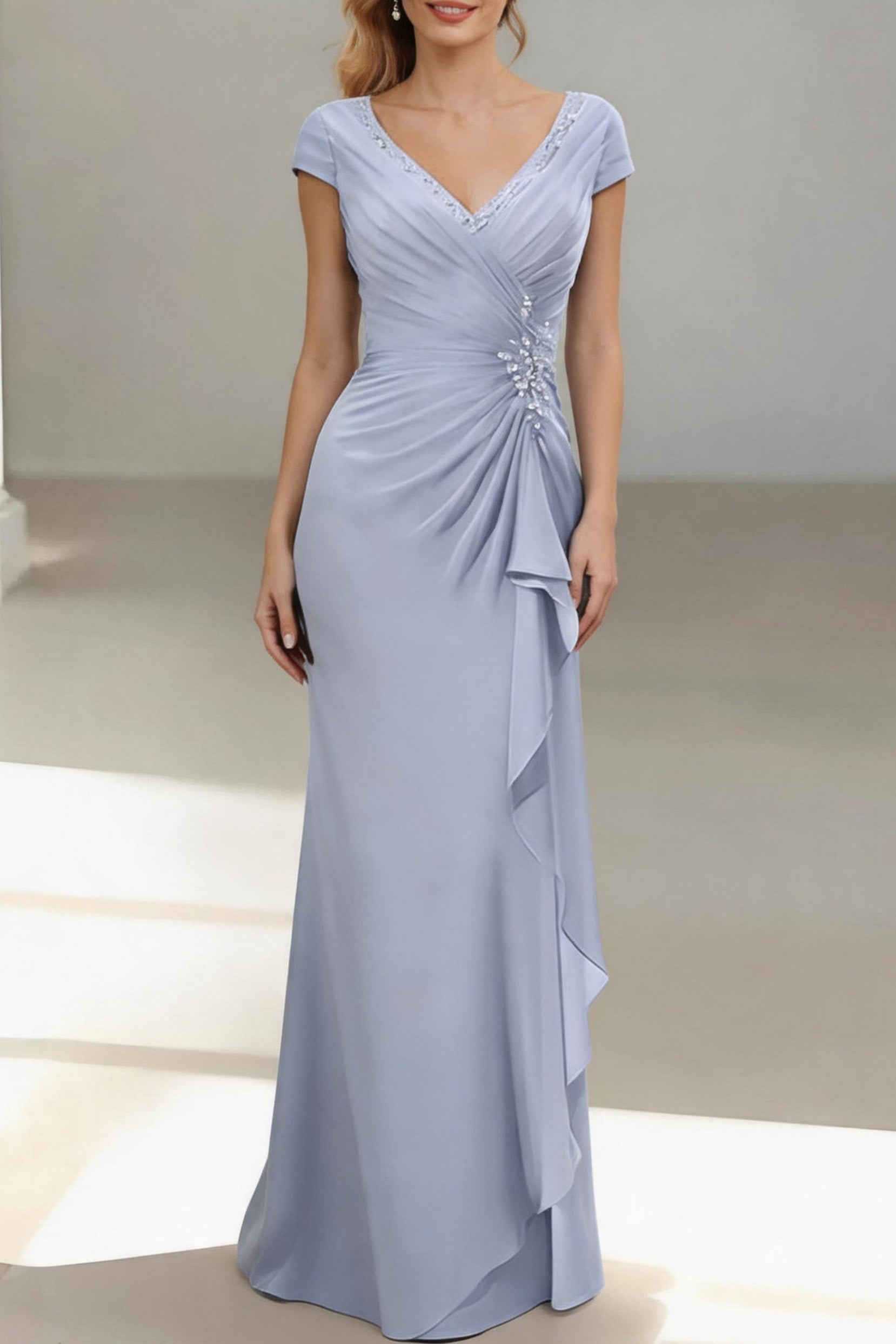Sheath-Column Floor Length Chiffon Mother of the Bride Dress CM0436 - Light Blue - COCOMELODY