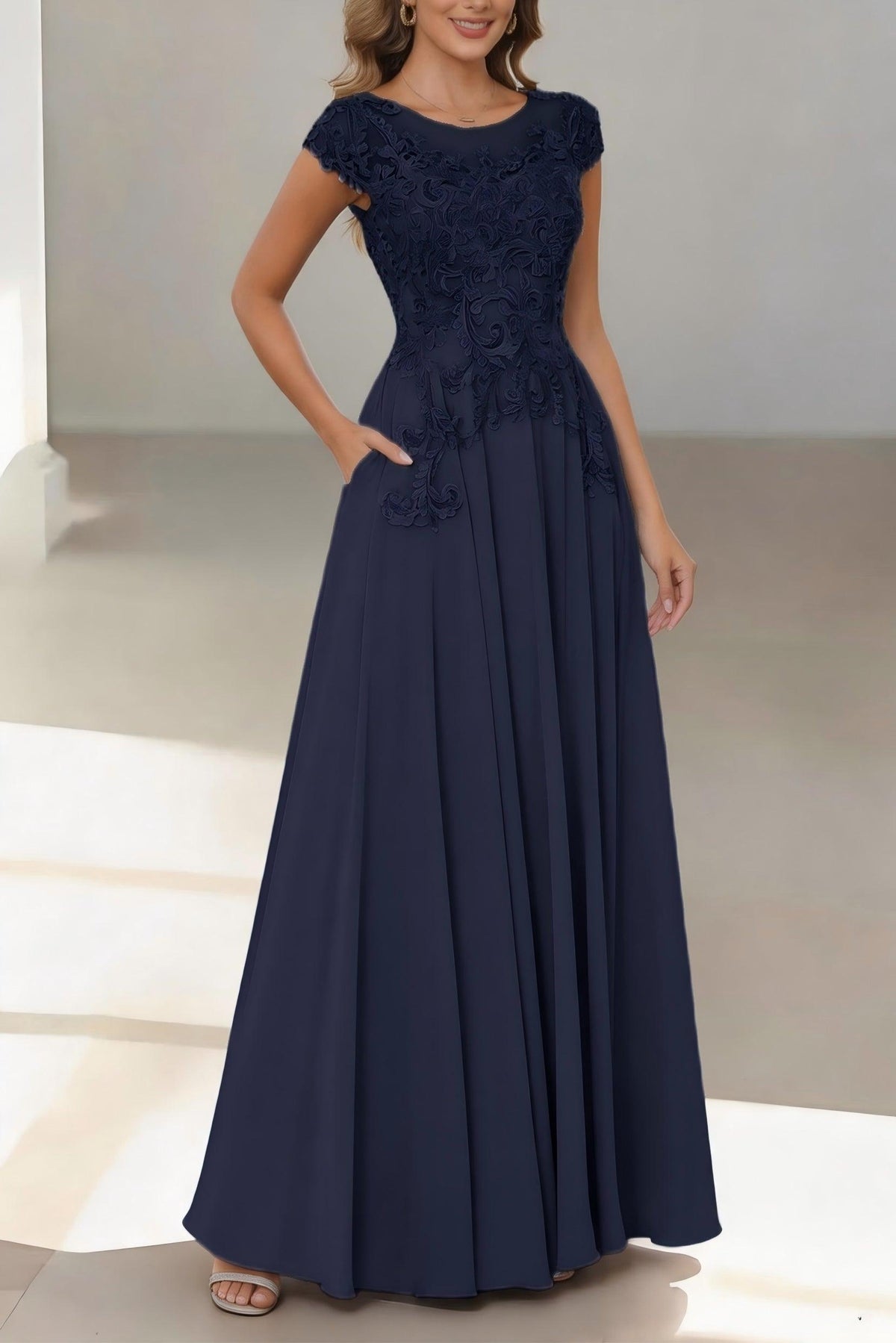 A-Line Floor Length Chiffon Mother of the Bride Dress CM0437 - Dark Navy - COCOMELODY