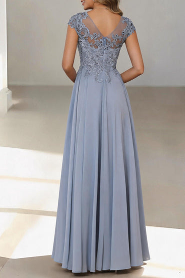 A-Line Floor Length Chiffon Mother of the Bride Dress CM0437 - Dusty Blue - COCOMELODY
