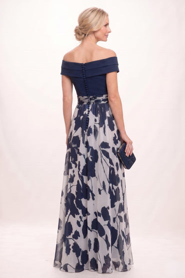 A-Line Maxi Stretch Satin Printed Chiffon Mother of the Bride Dress CM0440 - Dark Navy - COCOMELODY