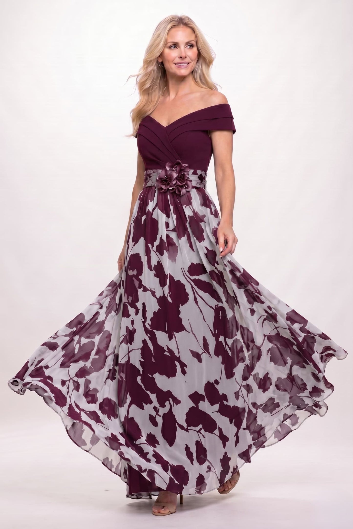 A-Line Maxi Stretch Satin Printed Chiffon Mother of the Bride Dress CM0440
