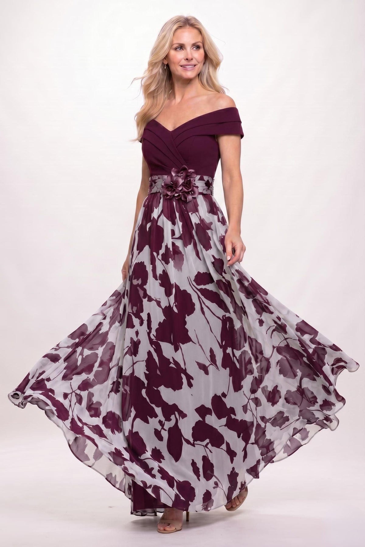 A-Line Maxi Stretch Satin Printed Chiffon Mother of the Bride Dress CM0440 - Wine - COCOMELODY