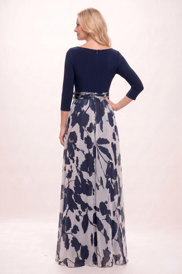 A-Line Maxi Stretch Satin Printed Chiffon Mother of the Bride Dress CM0441 - Dark Navy - COCOMELODY