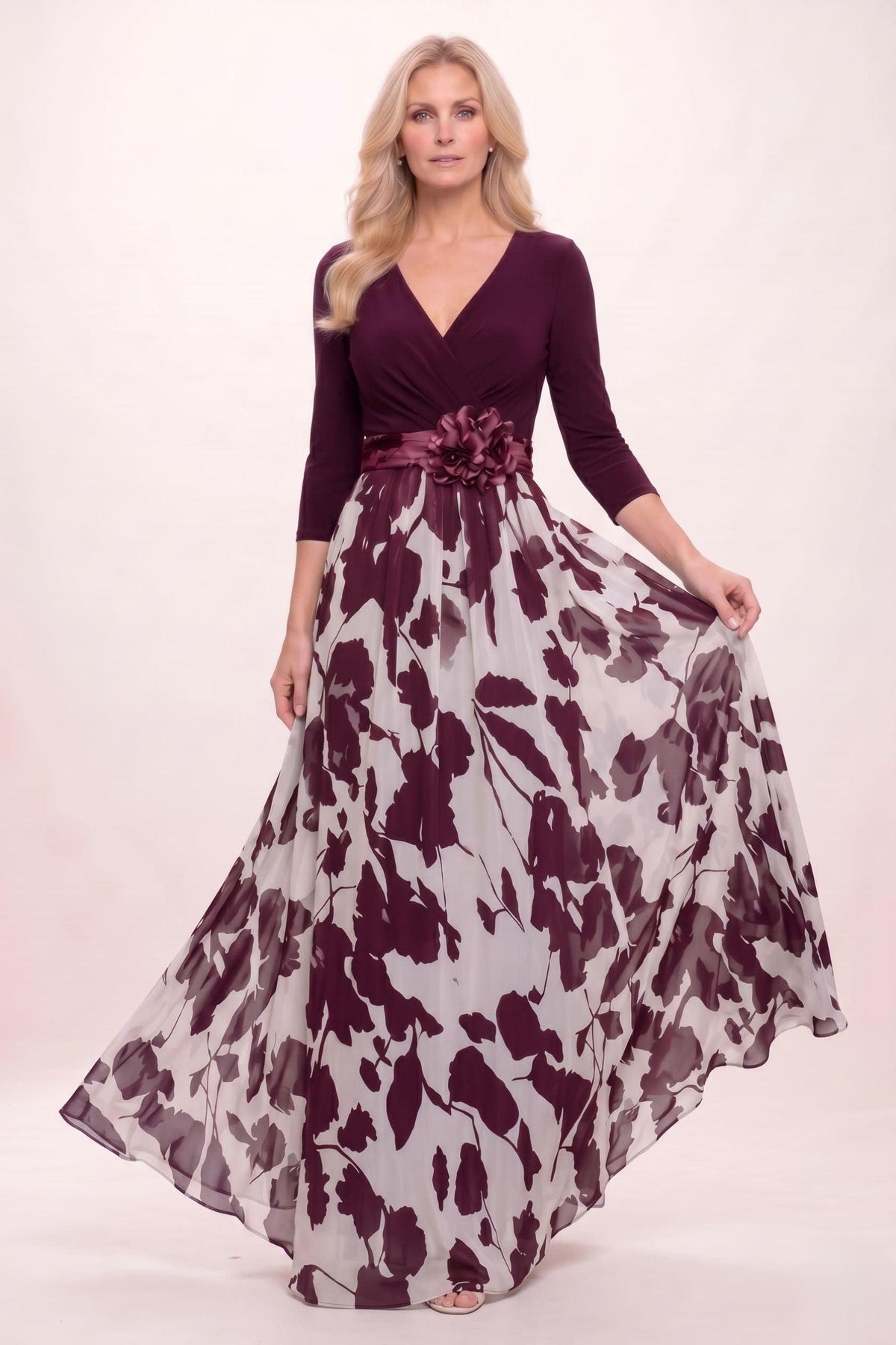 A-Line Maxi Stretch Satin Printed Chiffon Mother of the Bride Dress CM0441 - Wine - COCOMELODY