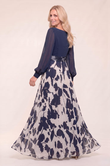 A-Line Maxi Printed Chiffon Mother of the Bride Dress CM0442 - Dark Navy - COCOMELODY
