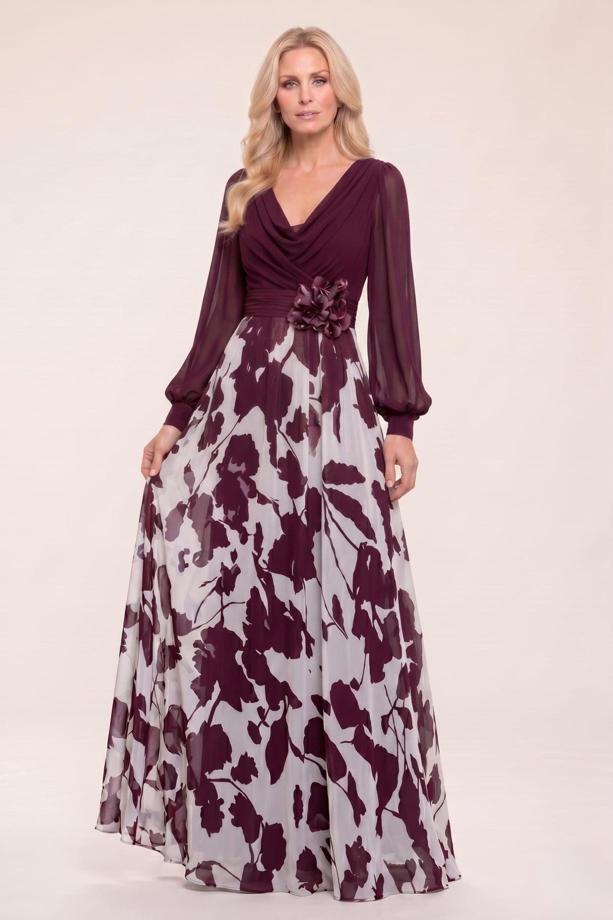A-Line Maxi Printed Chiffon Mother of the Bride Dress CM0442 - Wine - COCOMELODY