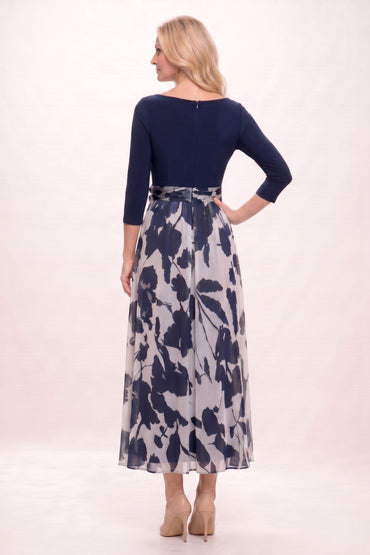 A-Line Ankle Length Stretch Satin Printed Chiffon Mother of the Bride Dress CM0444 - Dark Navy - COCOMELODY