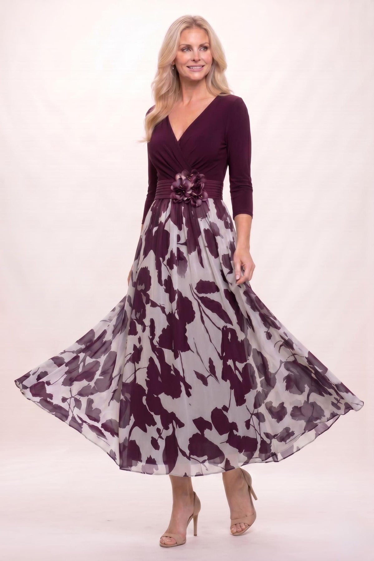 A-Line Ankle Length Stretch Satin Printed Chiffon Mother of the Bride Dress CM0444 - Wine - COCOMELODY