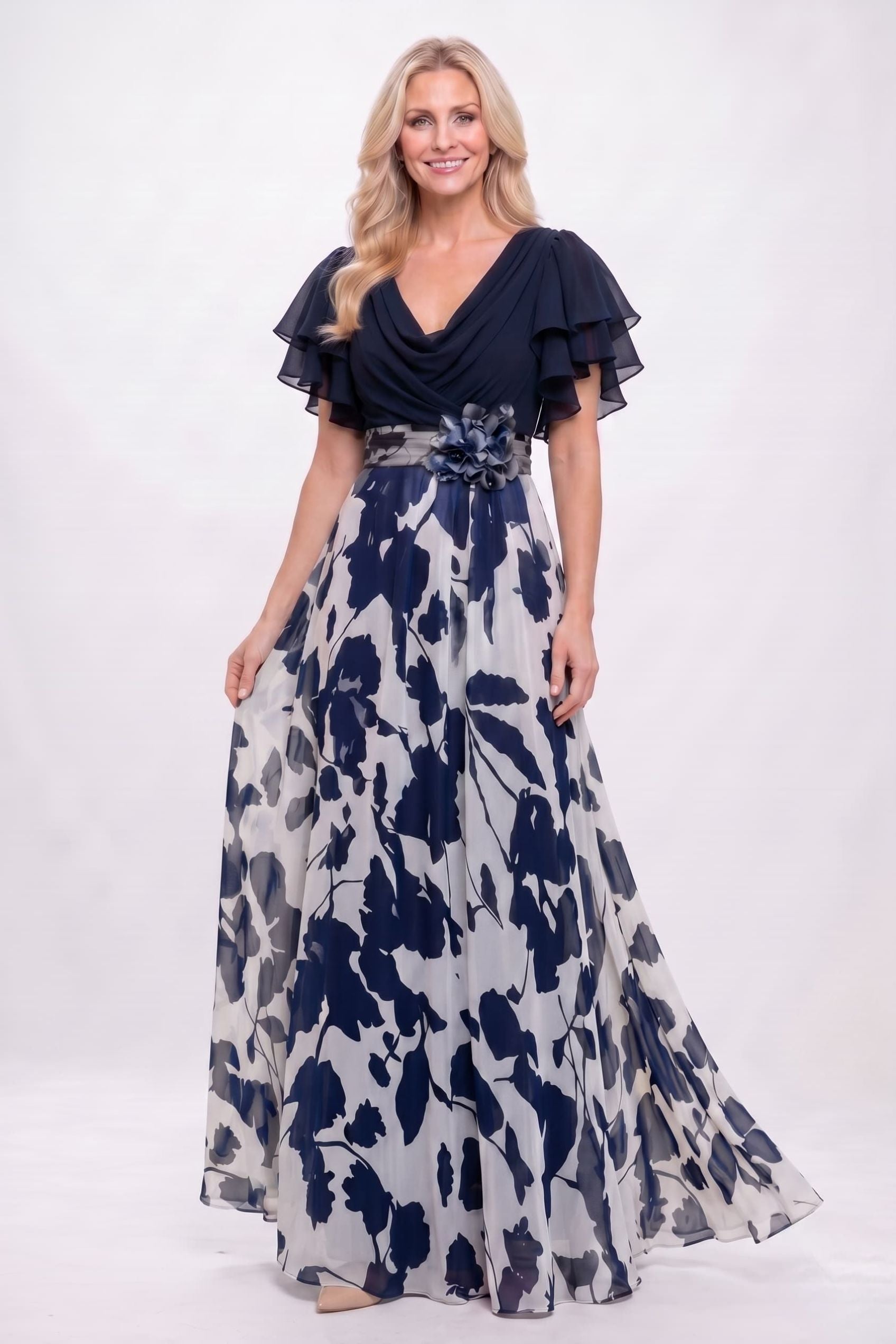 Printed Chiffon Mother of the Bride Dress with Pleats V-Neck A-Line Ruffle Sleeve Gown COCOMELODY CM0445, Dark Purple