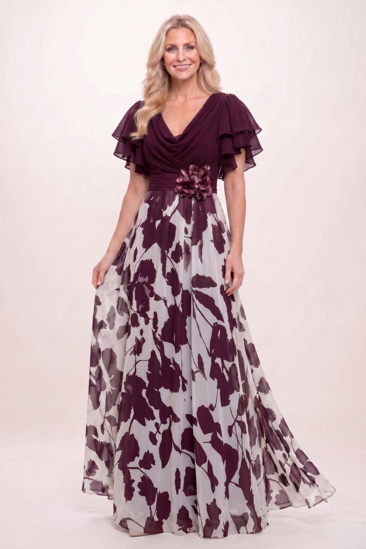 A-Line Maxi Printed Chiffon Mother of the Bride Dress CM0445 - Wine - COCOMELODY