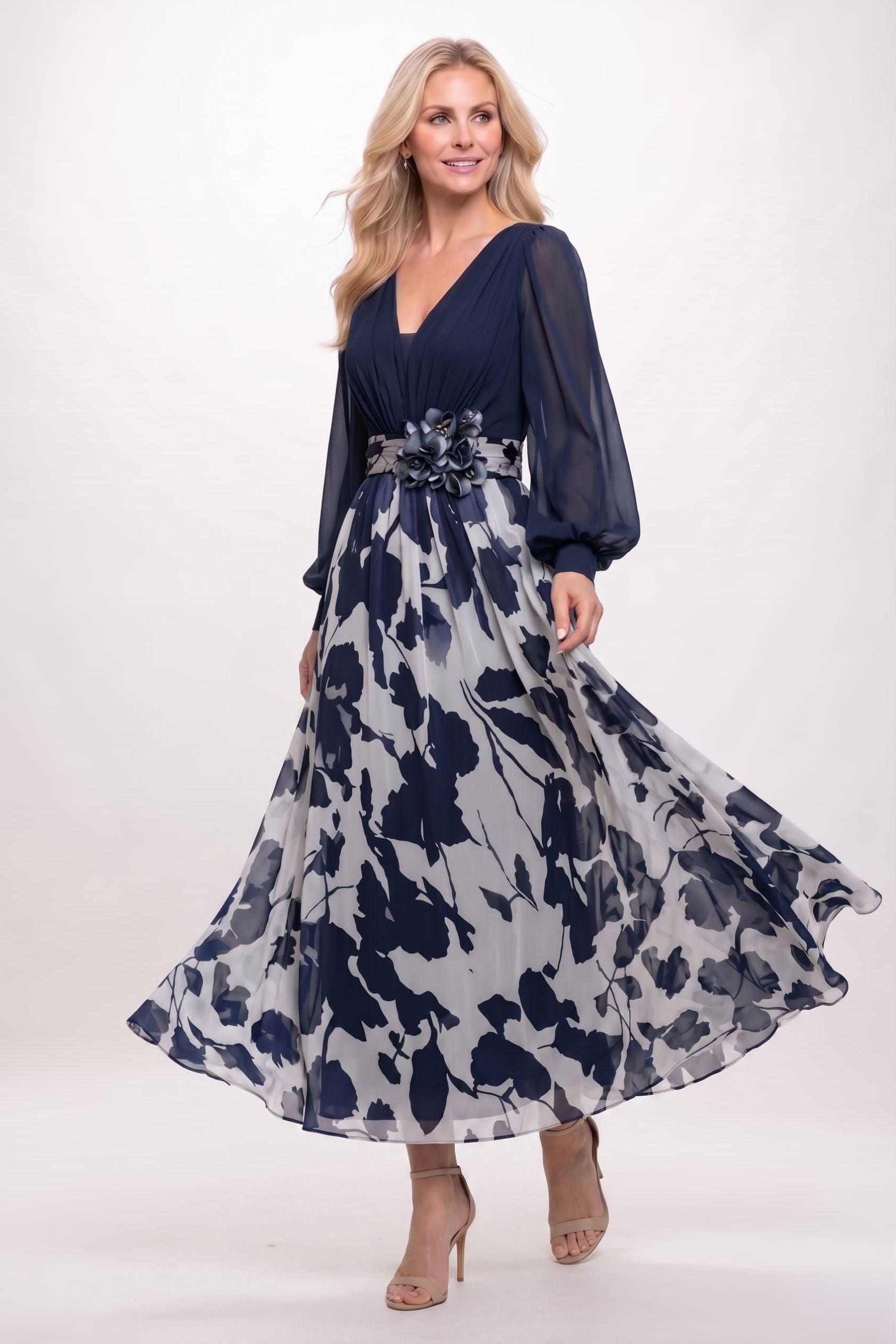 chiffon elegant print dress A-Line Ankle Length Printed Mother of the Bride Long Sleeves COCOMELODY CM0446, Hunter Green length double lining for Size:FR 40 BFCM-SL60-TO-SL90 Plunging Neck Royal Blue
