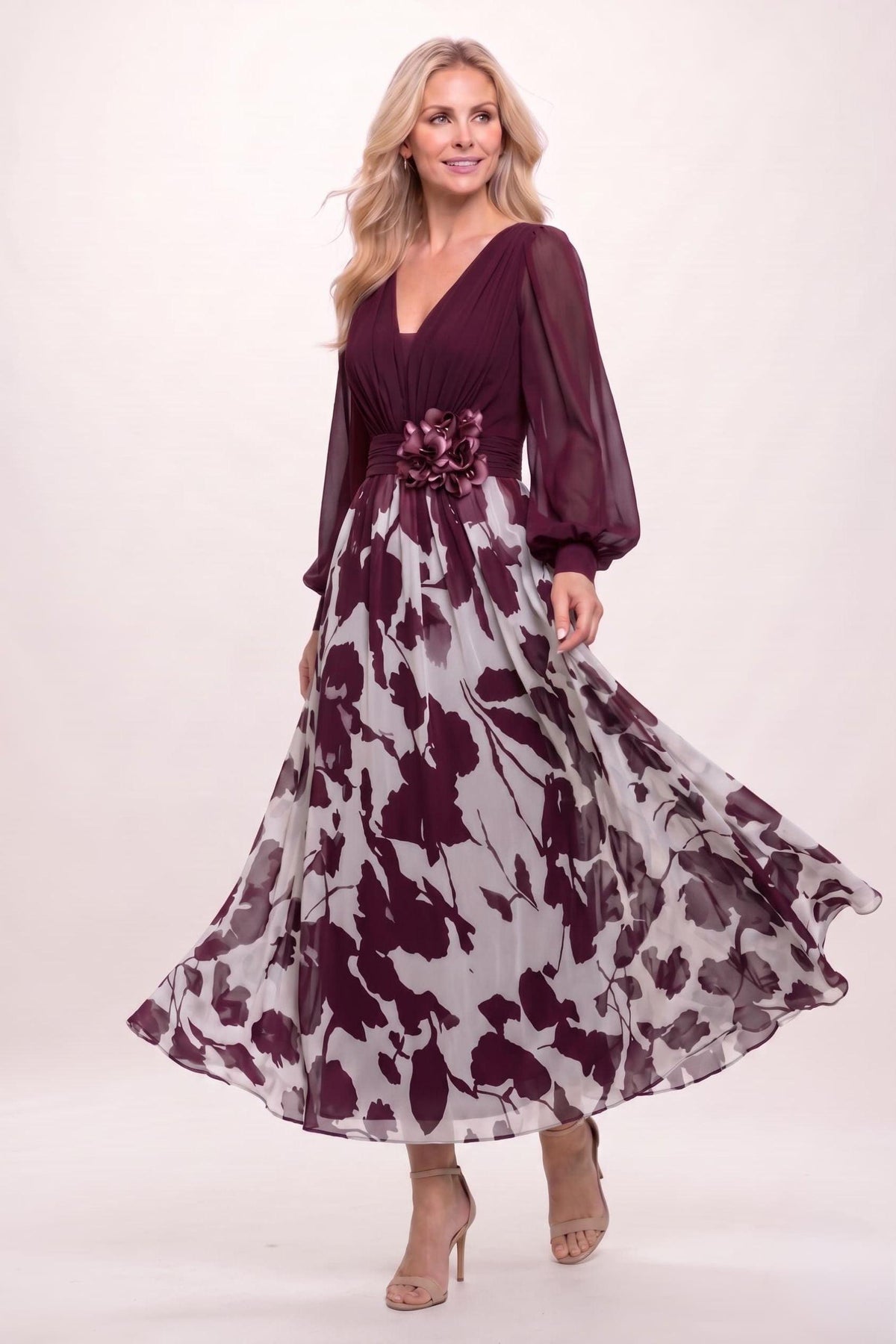A-Line Ankle Length Printed Chiffon Mother of the Bride Dress CM0446 - Wine - COCOMELODY