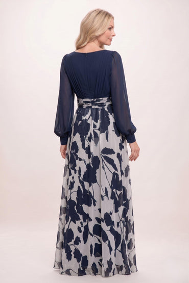 A-Line Maxi Printed Chiffon Mother of the Bride Dress CM0447 - Dark Navy - COCOMELODY