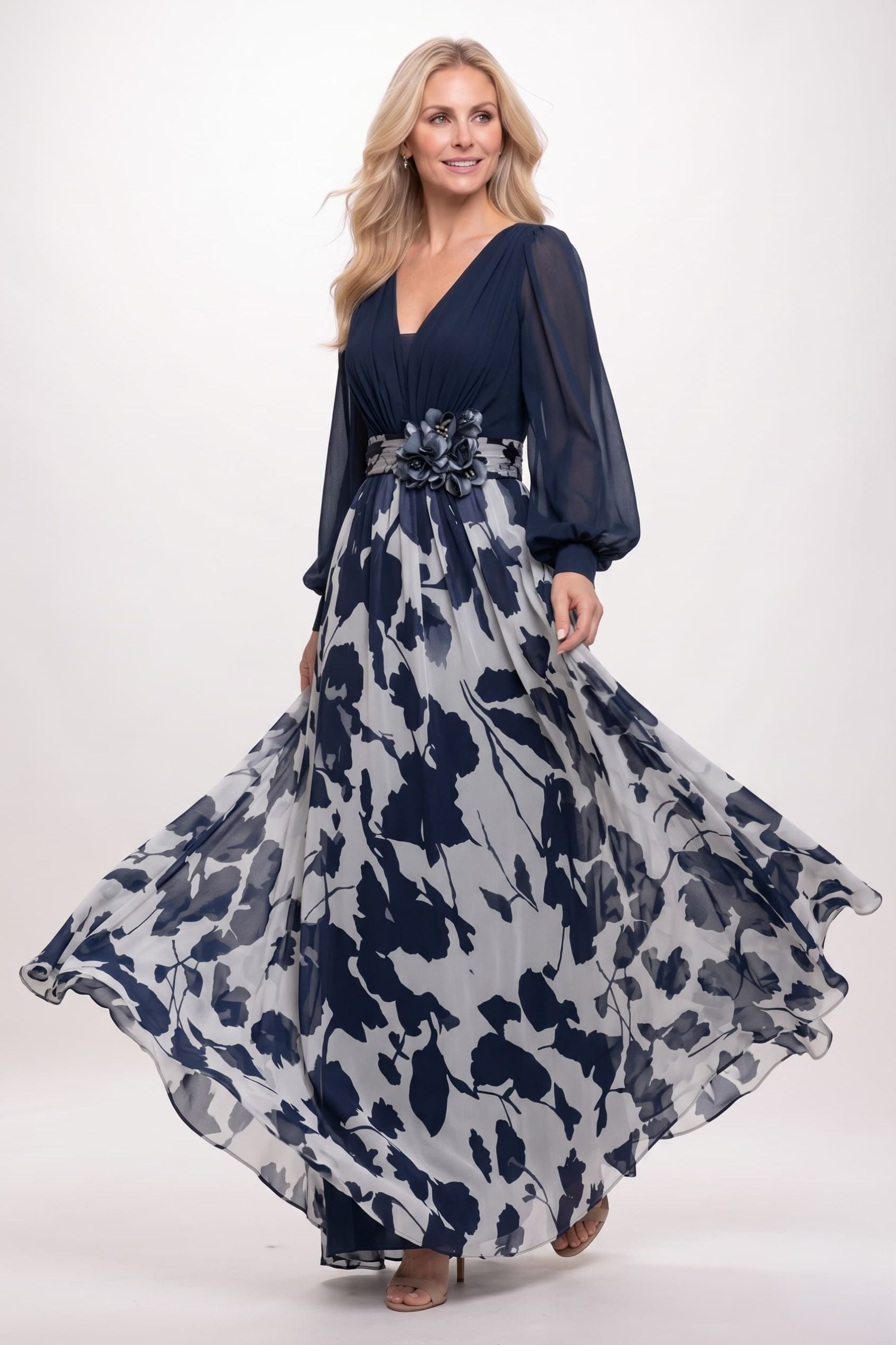 Printed Chiffon V-Neck Long Sleeves A-Line Mother of the Bride Dress Pleated Formal Gown COCOMELODY CM0447, Wine