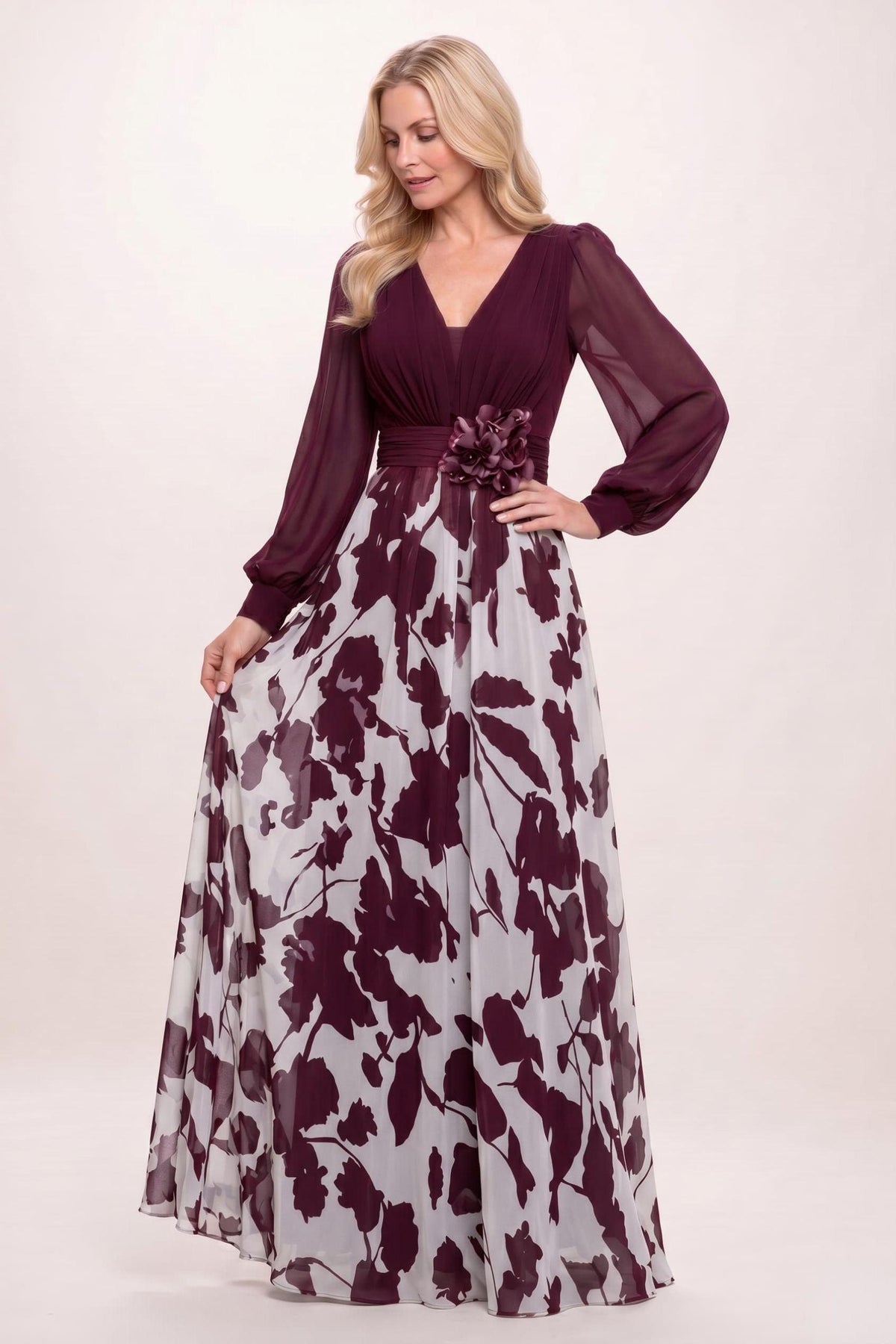 A-Line Maxi Printed Chiffon Mother of the Bride Dress CM0447 - Wine - COCOMELODY