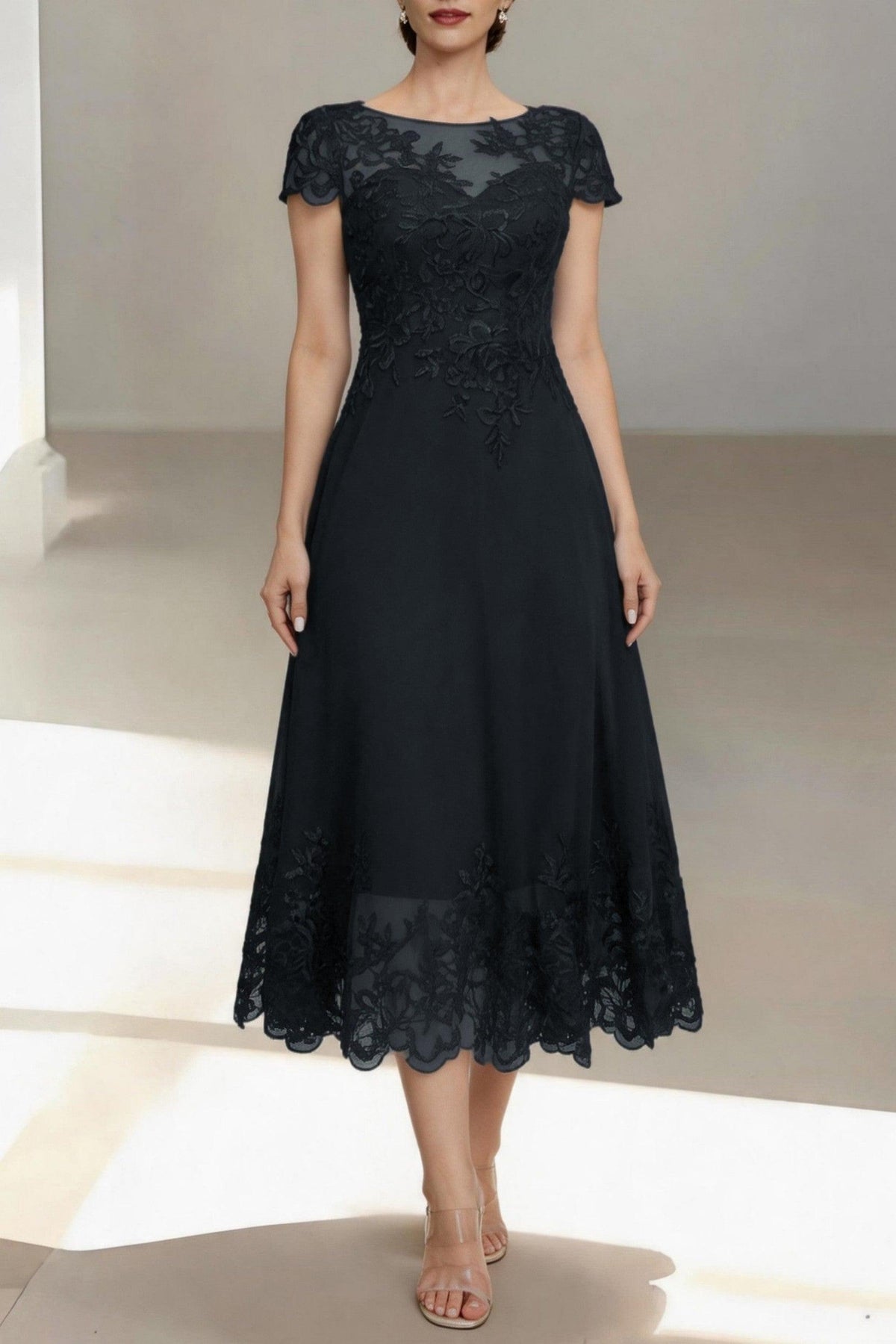 A-Line Tea Length Chiffon Mother of the Bride Dress CM0453 - Black - COCOMELODY