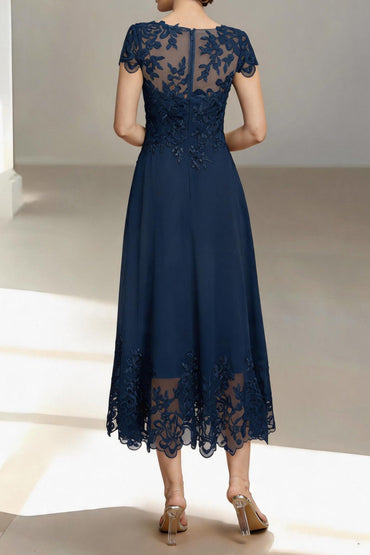 A-Line Tea Length Chiffon Mother of the Bride Dress CM0453 - Dark Navy - COCOMELODY