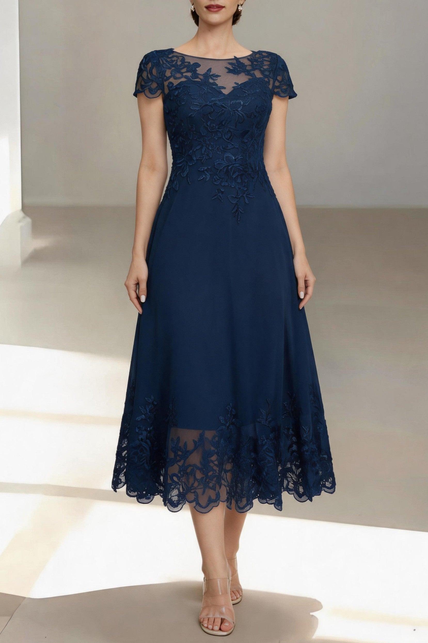 A-Line Tea Length Chiffon Mother of the Bride Dress CM0453 - Dark Navy - COCOMELODY