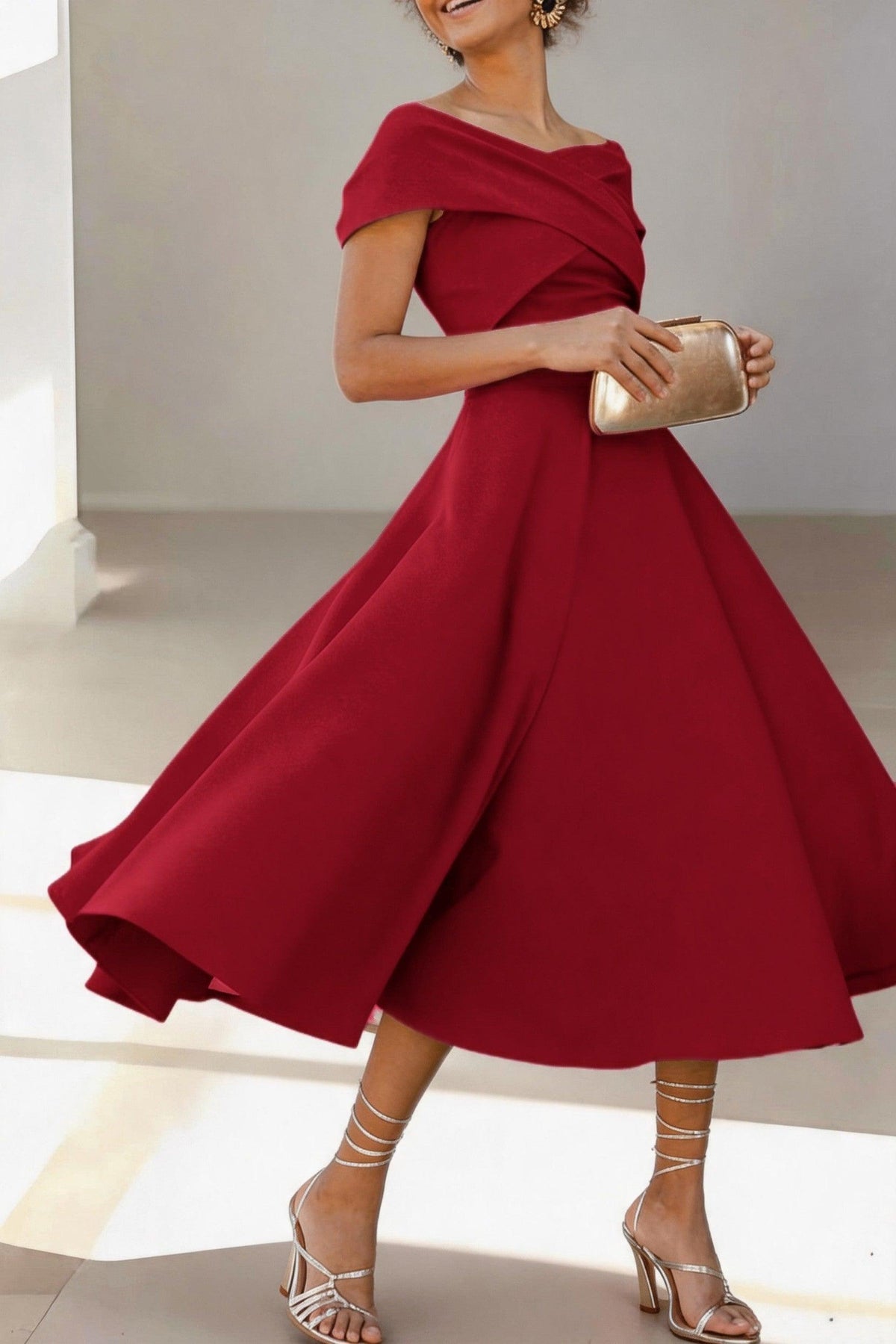 A-Line Tea Length Satin Mother of the Bride Dress CM0454 - Fiery Red - COCOMELODY