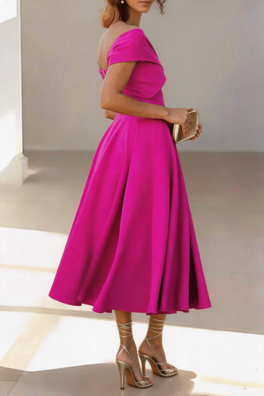 A-Line Tea Length Satin Mother of the Bride Dress CM0454 - Hot Fuchsia - COCOMELODY