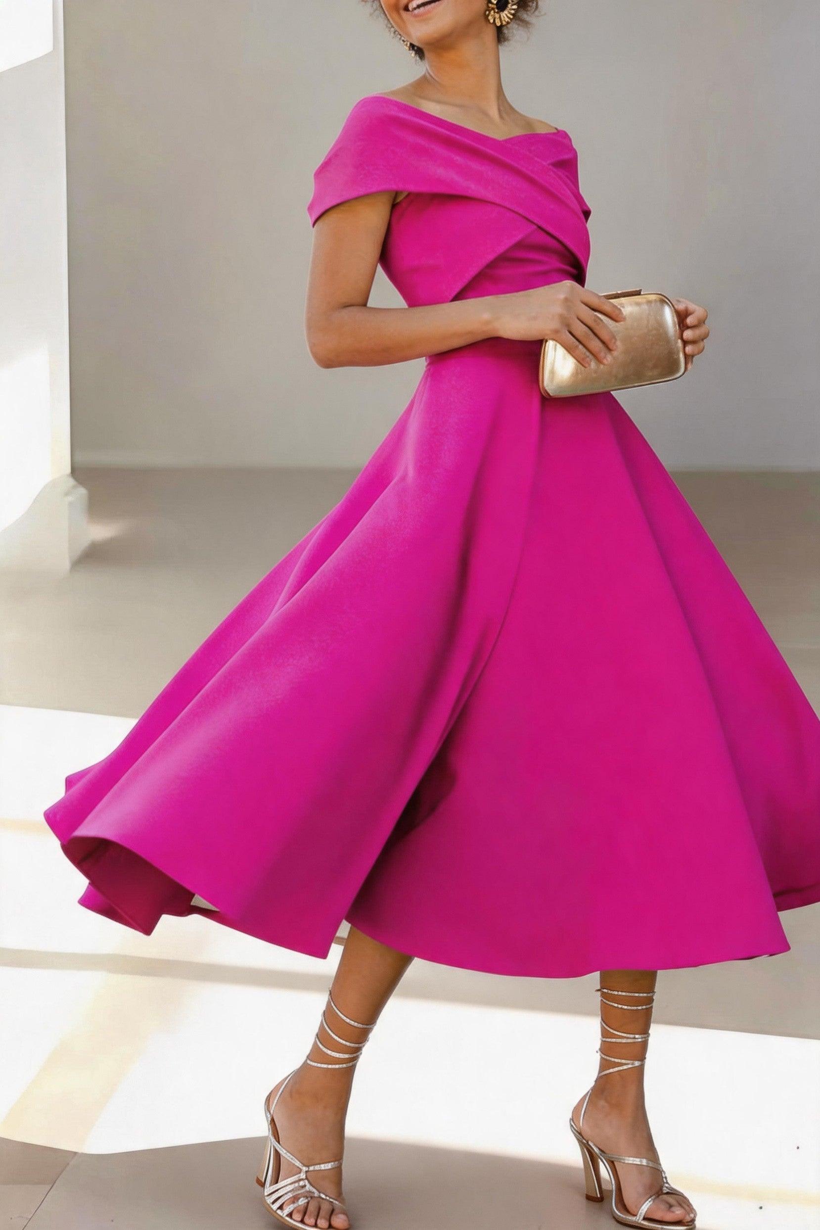 A-Line Tea Length Satin Mother of the Bride Dress CM0454 - Hot Fuchsia - COCOMELODY