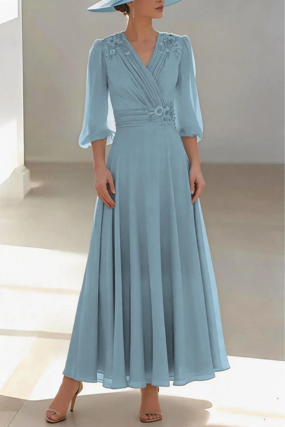 A-Line Ankle Length Chiffon Mother of the Bride Dress CM0455 - Dusty Blue - COCOMELODY
