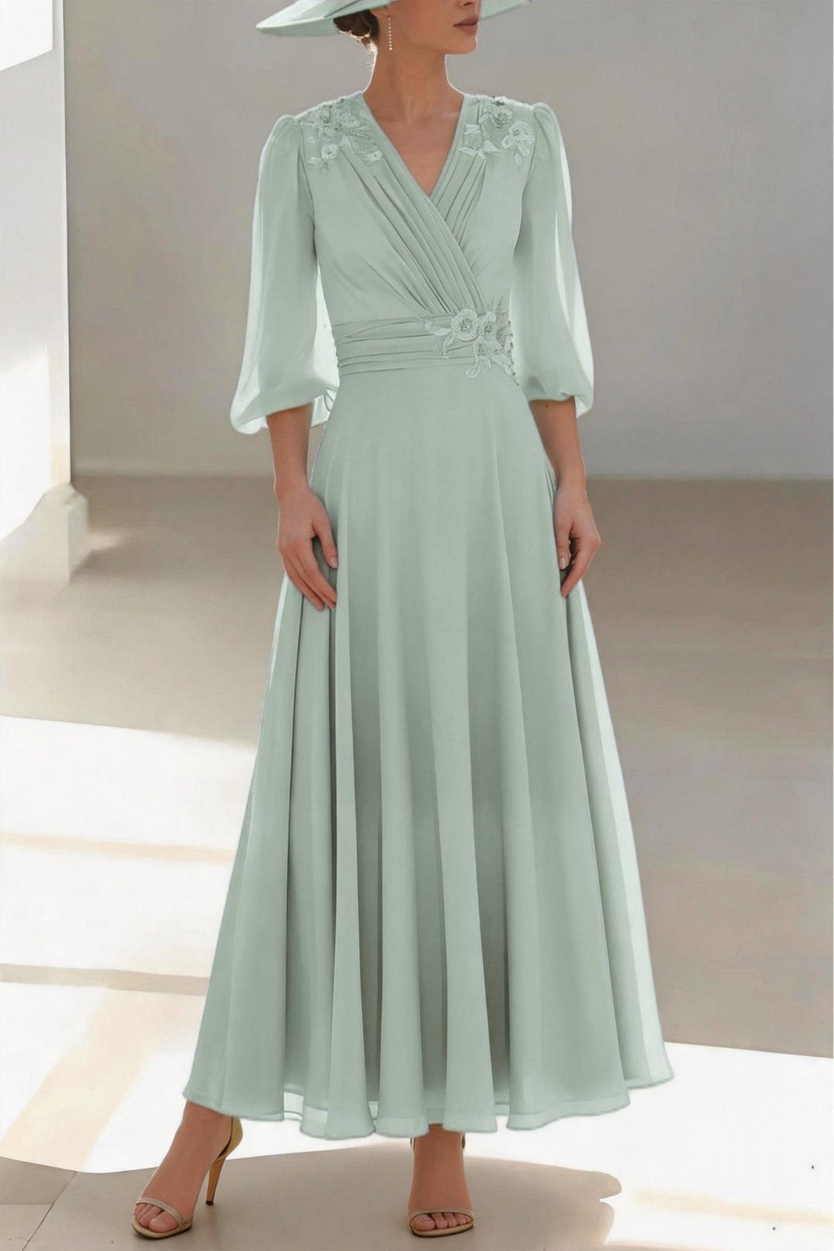 A-Line Ankle Length Chiffon Mother of the Bride Dress CM0455 - Dusty Sage - COCOMELODY