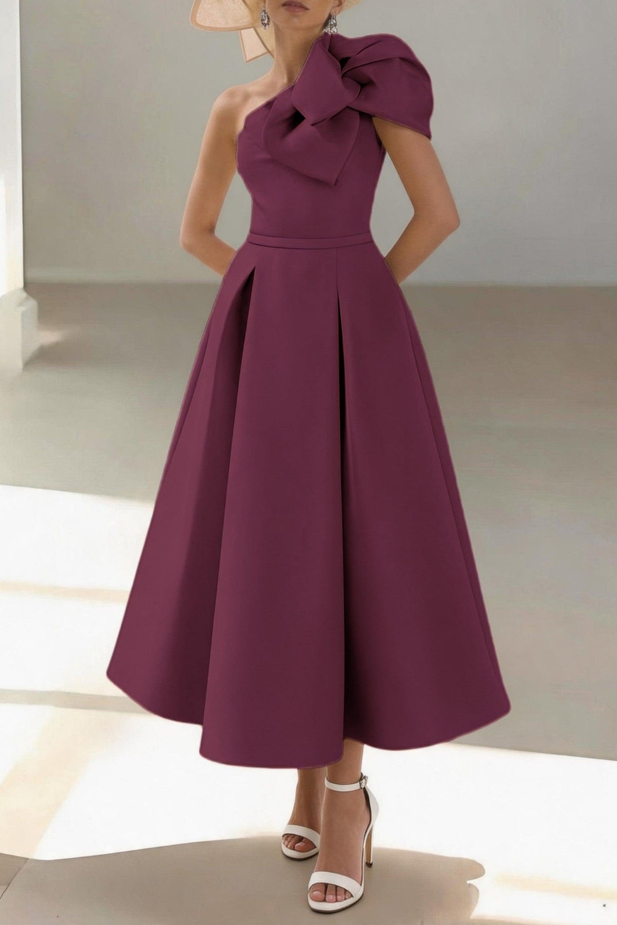 A-Line Ankle Length Satin Mother of the Bride Dress CM0458 - Wine - COCOMELODY