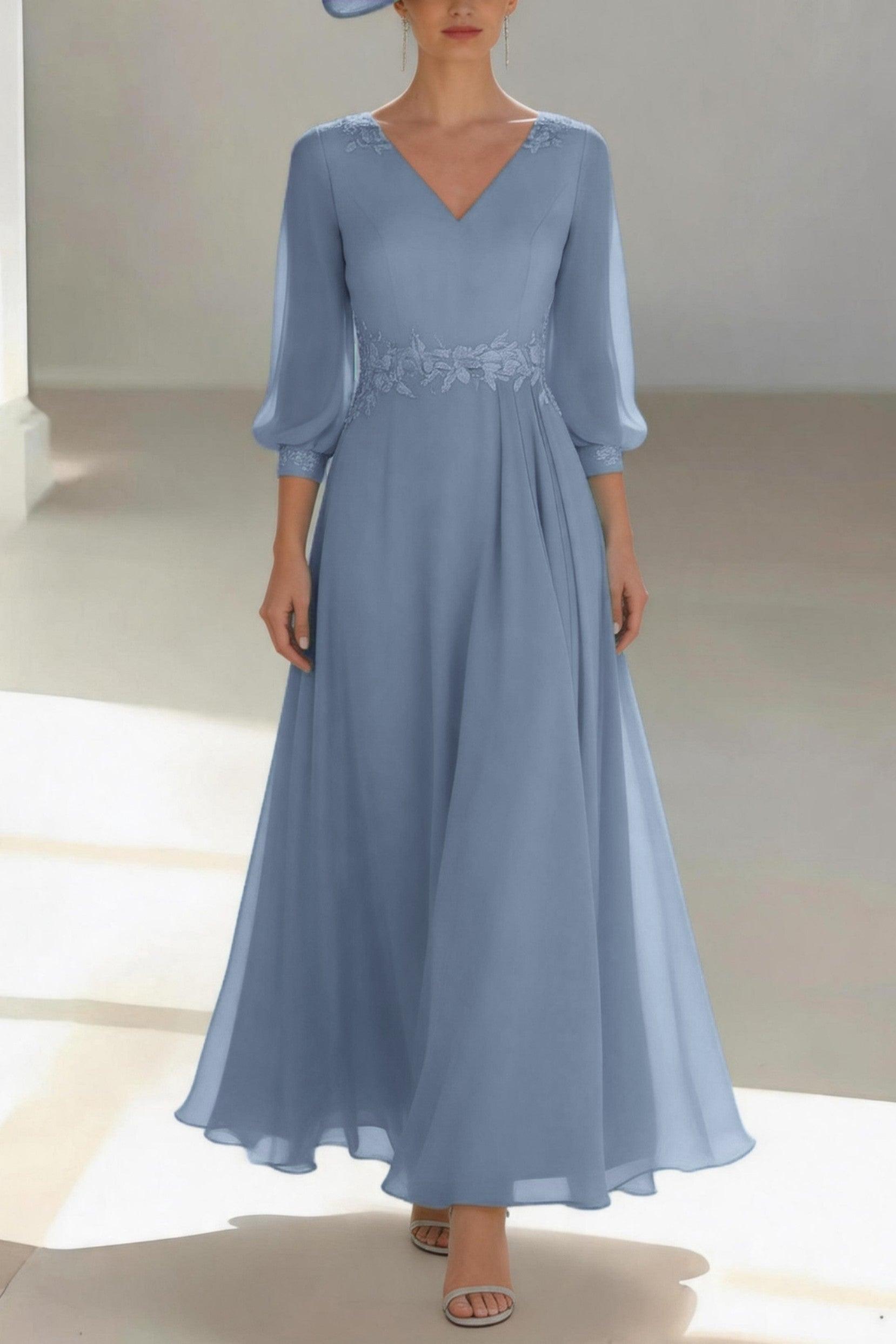 A-Line Ankle Length Chiffon Mother of the Bride Dress CM0461 - Dusty Blue - COCOMELODY