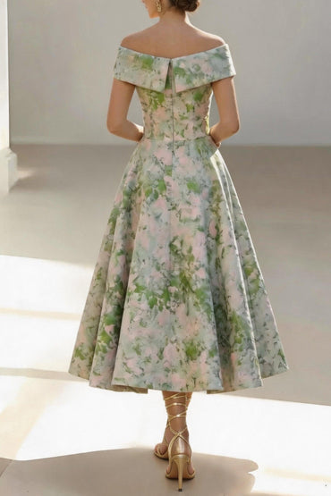 A-Line Tea Length Jacquard Mother of the Bride Dress CM0464 - Green Floral - COCOMELODY