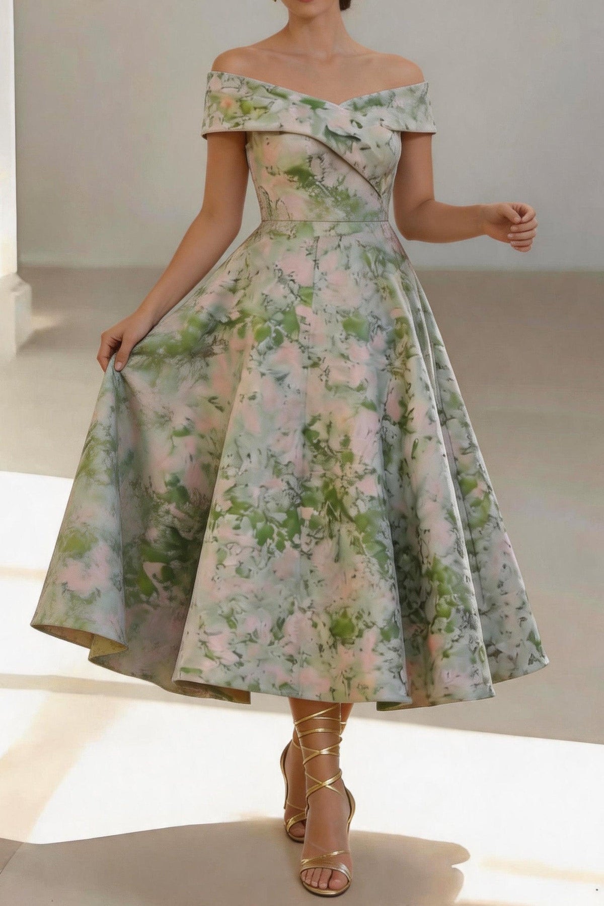 A-Line Tea Length Jacquard Mother of the Bride Dress CM0464 - Green Floral - COCOMELODY