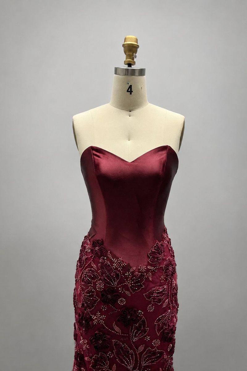 Trumpet-Mermaid Sweep-Brush Train Stretch Satin Mother of the Bride Dress CM0466 - Burgundy - COCOMELODY