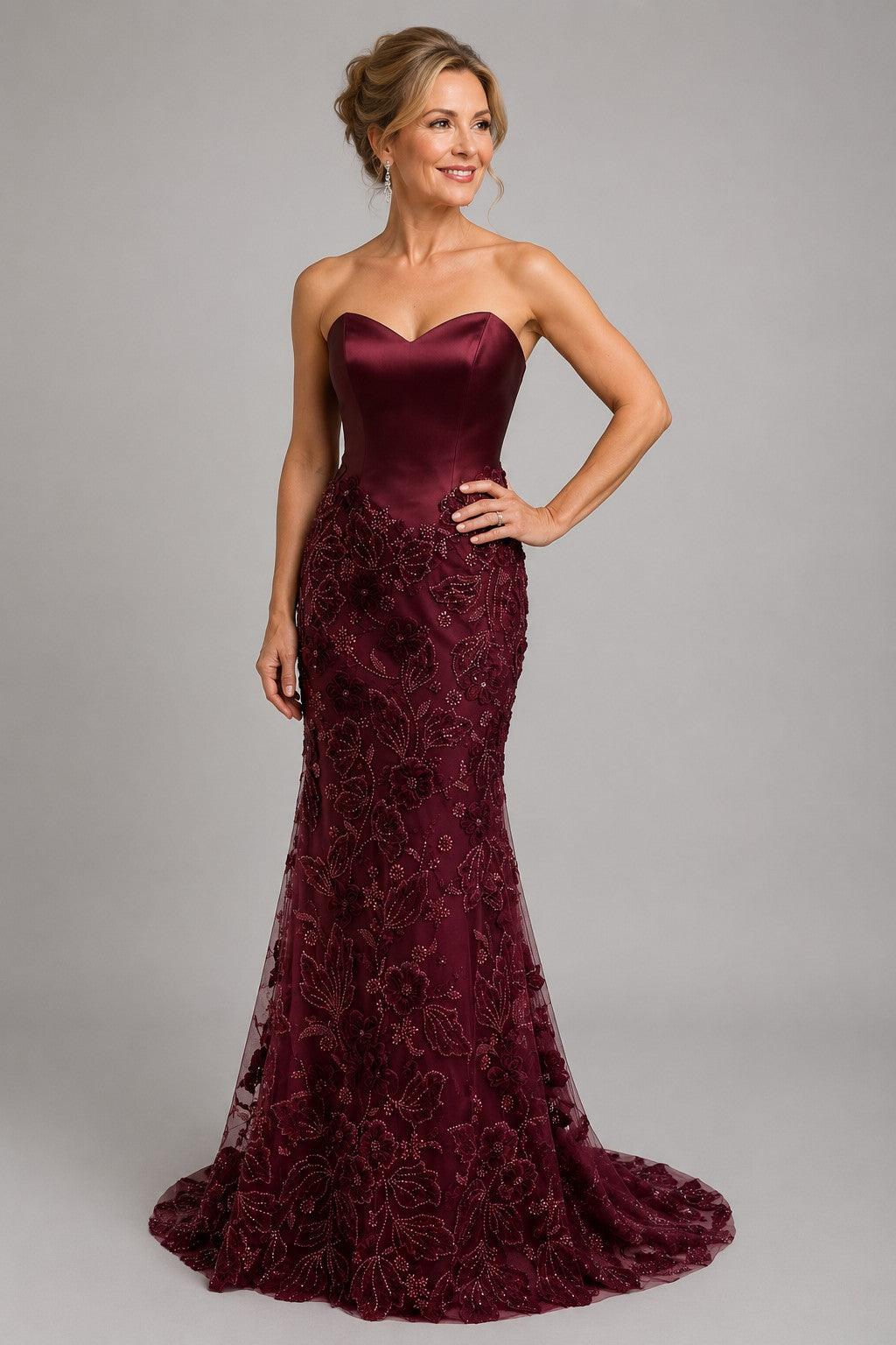 Trumpet-Mermaid Sweep-Brush Train Stretch Satin Mother of the Bride Dress CM0466 - Burgundy - COCOMELODY