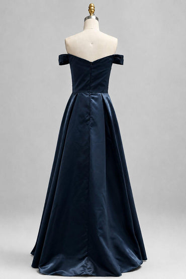 A-Line Floor Length Satin Mother of the Bride Dress CM0467 - Dark Navy - COCOMELODY