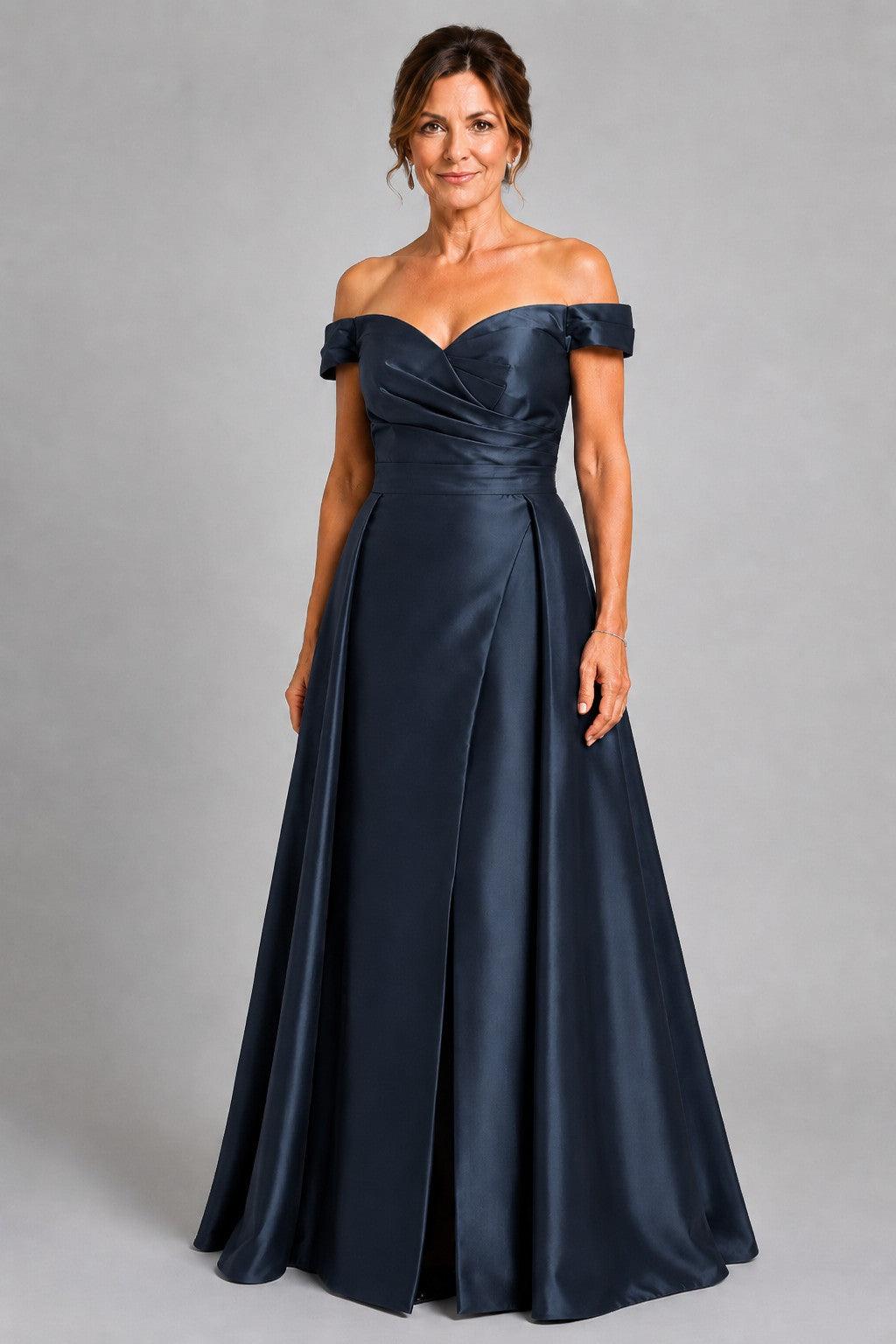 A-Line Floor Length Satin Mother of the Bride Dress CM0467 - Dark Navy - COCOMELODY