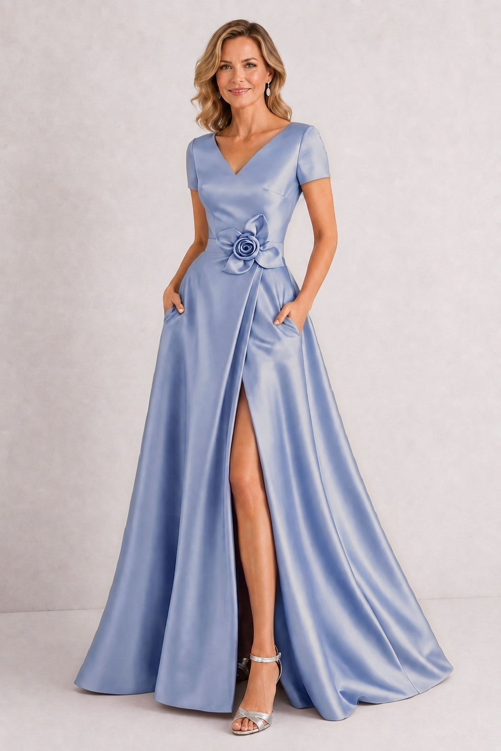 A-Line Floor Length Satin Mother of the Bride Dress CM0471 - Dusty Blue - COCOMELODY