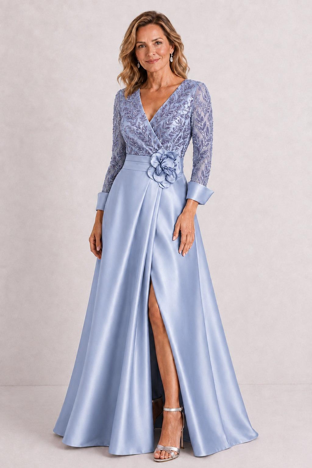 A-Line Floor Length Satin Lace Mother of the Bride Dress CM0472 - Dusty Blue - COCOMELODY